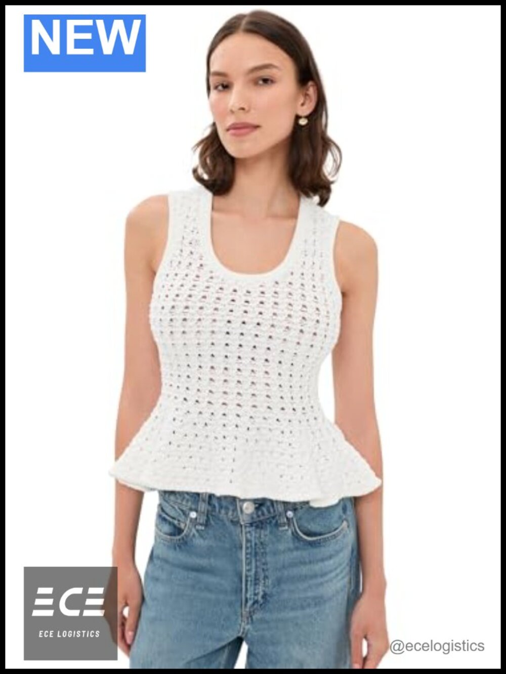 Mid-Weight Stretch Crochet Scoop Neck Sleeveless Sweater Vest Top